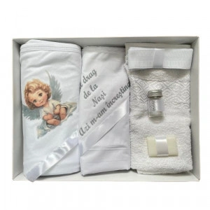 Trusou de botez, 6 piese Baby Ingeras imprimat, alb