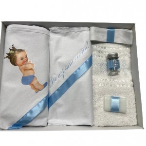 Trusou de botez, 6 piese Printul bebelus. imprimat ,bleu