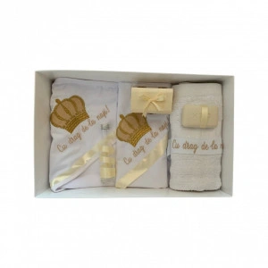 Trusou Botez cu Broderie Coroana cu mesaj, crem/auriu, en gros