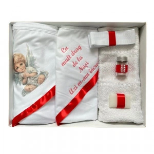 Trusou de botez, 6 piese Baby Ingeras imprimat, rosu