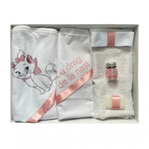 Trusou de botez, 6 piese Pisicuta Marie. imprimat, roz