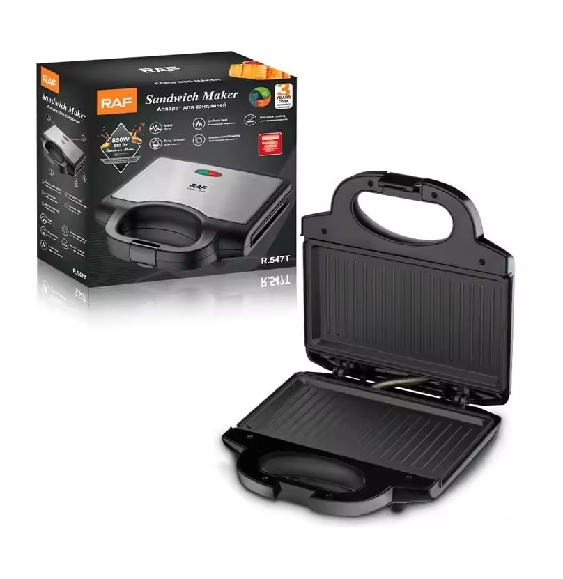 Raf R547T – Sandwich Maker si Grill 2 in 1, 850W, placi antiaderente, 23x23x26 cm, negru - Img 1