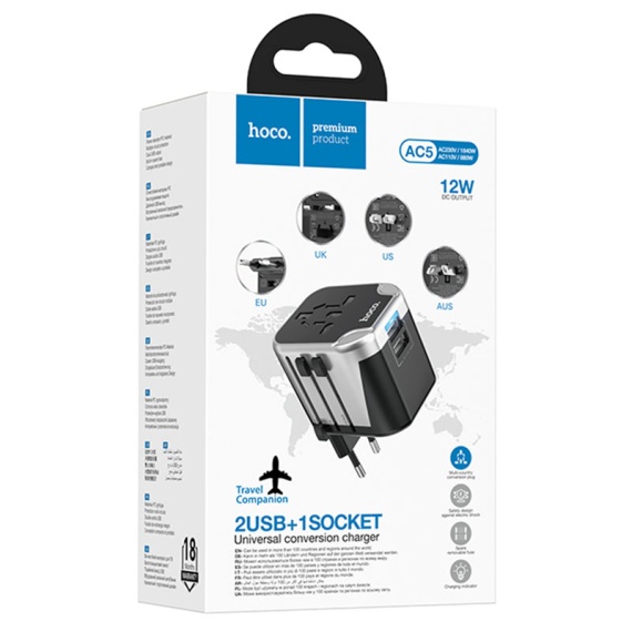 Hoco AC5 - Convertor Priza, 2xUSB-A, Adaptor Universal, EU/UK/US/AUS, Negru