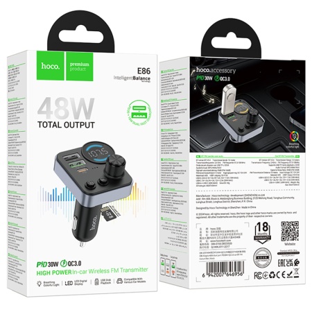 Hoco E86 – Modulator FM si incarcator auto PD48W, 1xUSB-C, 2xUSB, negru