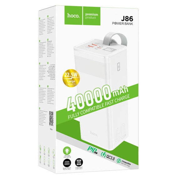 Hoco J86 - Baterie externa 40000mAh, 1xUSB-C PD, 2xUSB-A QC 3.0, lampa LED, Alb