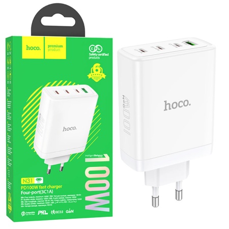 Hoco N31 - Incarcator Retea GaN 100W, 3xUSB-C + 1xUSB-A, PD, QC 3.0, WHITE