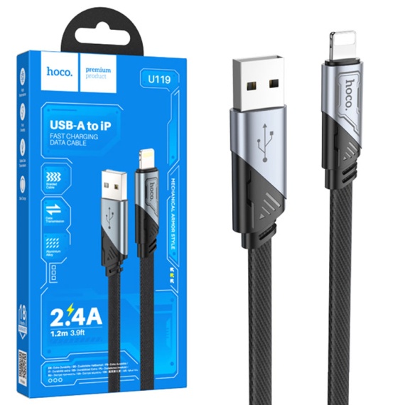 Hoco U119 - Cablu Date si Incarcare, USB la Lightning, 2.4A, Flat, 1.2m, Negru