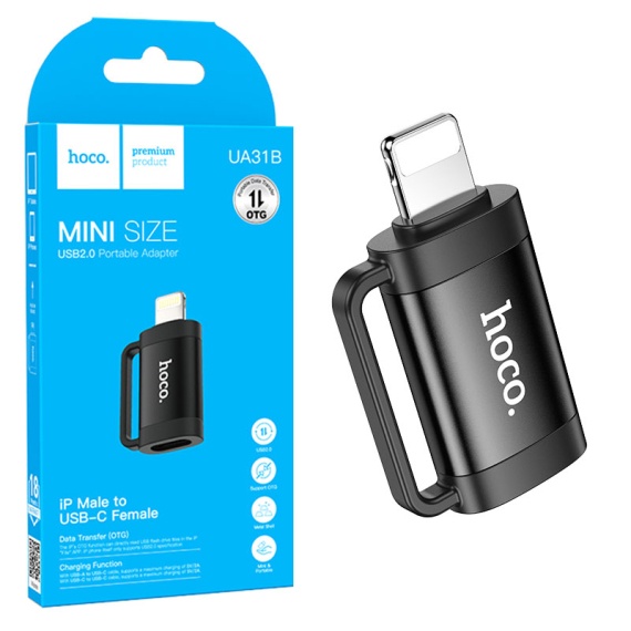 Hoco UA31B - Adaptor OTG Transfer/Incarcare, Type-C la Lightning, Negru