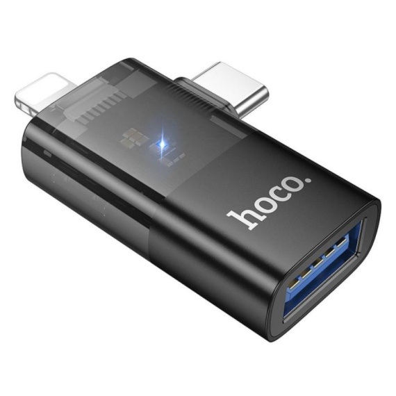 Hoco UA36E - Adaptor OTG Transfer/Incarcare, Type-C/Lightning la USB, Negru