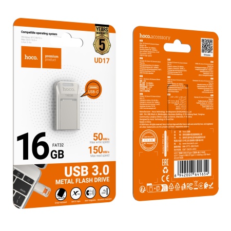 Hoco UD17 - Memory Stick 16GB, Type-C 3.0, FastSpeed, Smart Drive, Gray