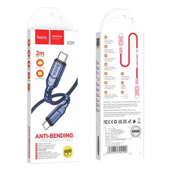 Hoco X59 - Cablu Date si Incarcare, Type-C, PD60W, QC3.0, 2m, Albastru