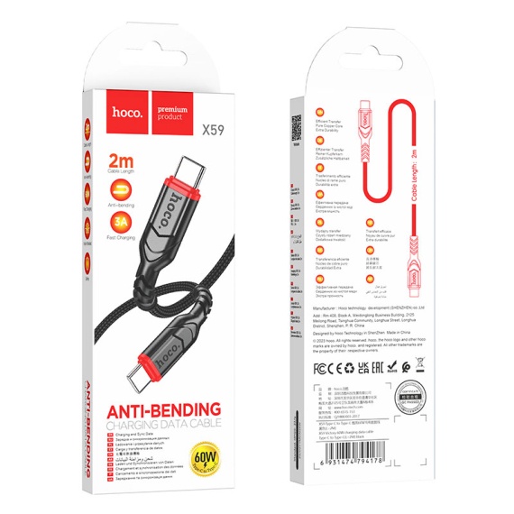 Hoco X59 - Cablu Date si Incarcare, Type-C, PD60W, QC3.0, 2m, Negru