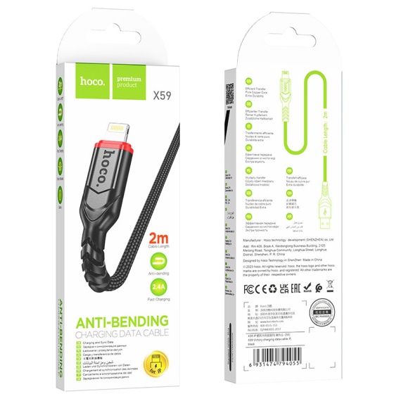 Hoco X59 - Cablu Date si Incarcare, USB la Lightning, 18W, 2.4A, 2m, Negru