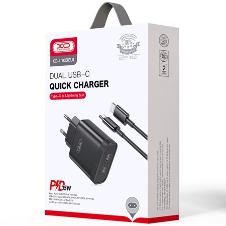 Incarcator retea + cablu la Lightning XO L105 cu 2xUSB-C 35W, Power Delivery, negru