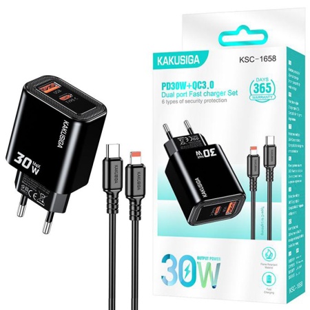 Incarcator retea + cablu Lightning KAKUSIGA KSC-1658, PD 30W + QC3.0, 1x USB, 1m, BLISTER, BLACK