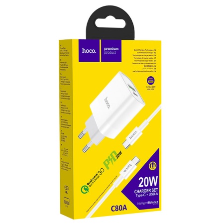 Incarcator retea HOCO C80A cu cablu USB-C – PD 20W, QC 3.0, 1xUSB-C, 1xUSB-A, alb