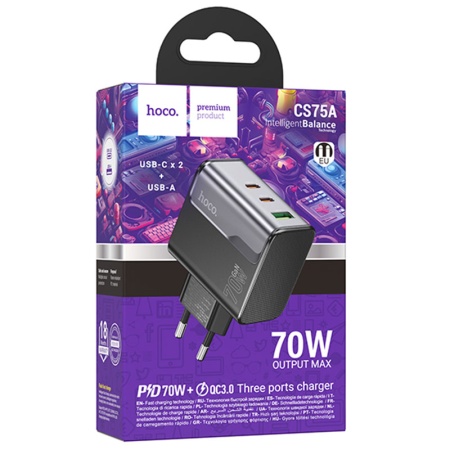Incarcator retea HOCO CS75A, 70W USB-C + USB QC3.0, FastCharge StarSpeed, triple-port, CS75ABK, black