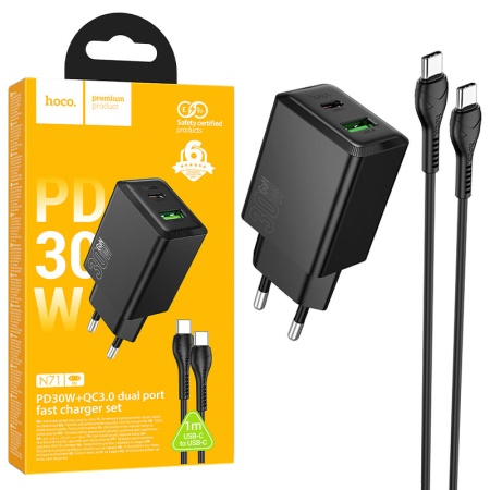 Incarcator retea HOCO N71 cu cablu USB-C 1m – PD 25W, QC3.0, 1xUSB-C, 1xUSB, negru