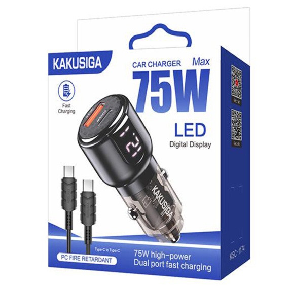 Kaku KSC-1174 - Incarcator Auto + Cablu USB-C, 75W, 1xUSB-C, 1xUSB-A-A, PD, QC 3.0, LED Power, Negru
