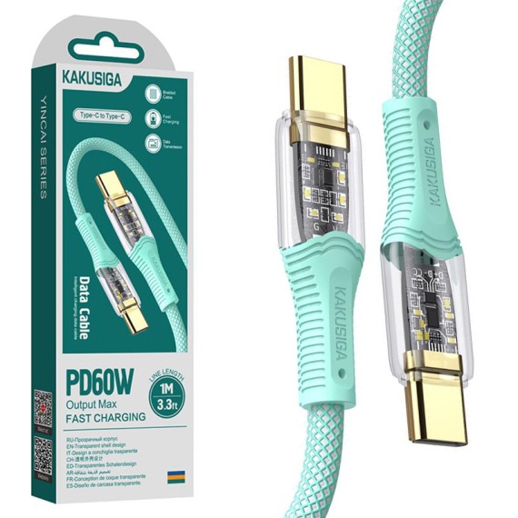 Kaku KSC-809 - Cablu Date si Incarcare, Type-C, PD60W, QC3.0, Braided, LED Power, 1m, Verde
