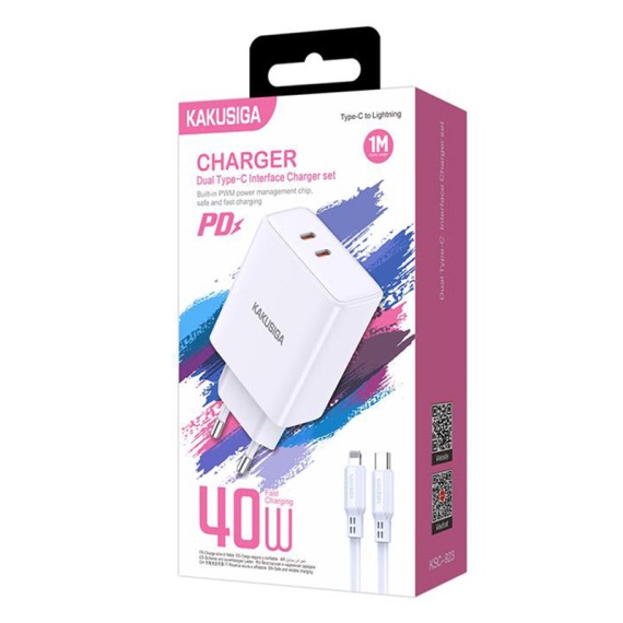 Kaku KSC-923 - Incarcator Retea + Cablu Lightning, 40W, 2xUSB-C, PD, Alb