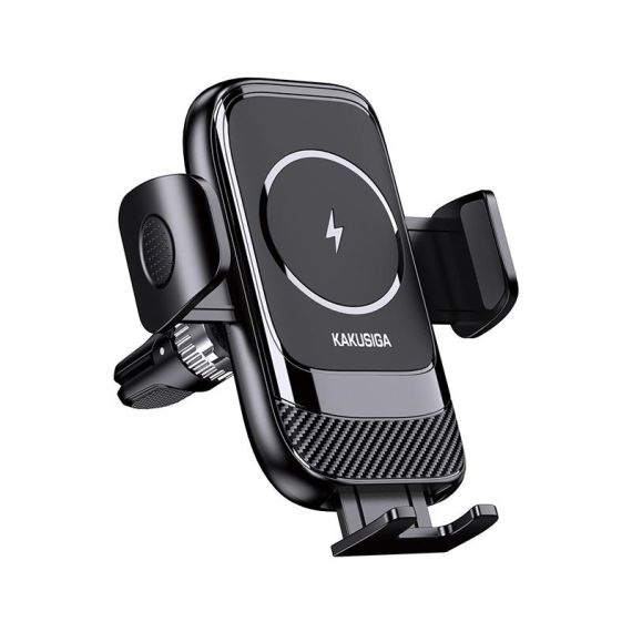 Kakusiga - Suport universal pentru telefon mobil cu incarcare Wireless, 15W, Fixare dubla, 360°, Cleme laterale, Negru