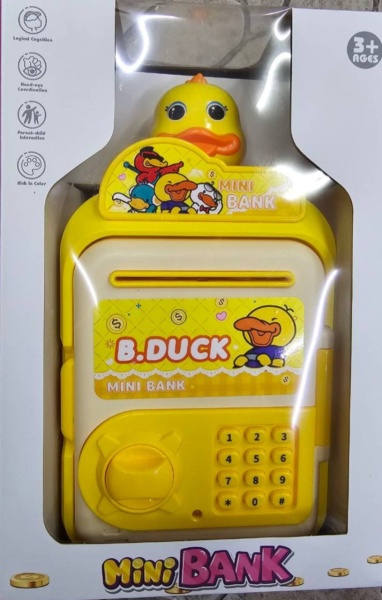 Pusculita Seif pentru Copii, ATM de Jucarie, Ratusca, Sunete si Lumini, Rulare automata a Bancnotelor, Galben 3+ Ani,