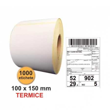Role etichete autoadezive termice TOP THERMAL 100x150 mm, perfor rupere, 1000 etichete/rola, adeziv permanent Ambalare CUTIE 4 role