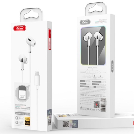 XO EP24 – Casti cu fir In Ear Lightning 1.2m, HiFi, BT Pop-Up, microfon & volum, alb