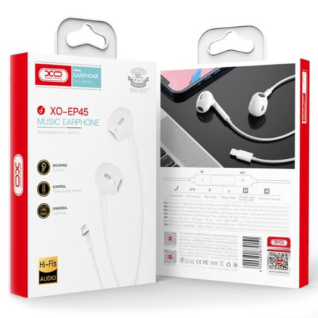 XO EP45 – Casti cu fir In Ear Lightning 1.2m, HiFi, BT Pop-Up, microfon & volum, alb