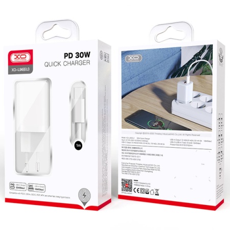 XXO L96 – Incarcator retea 30W PD QC 3.0 cu 1xType-C si 1xUSB + cablu Type-C, alb