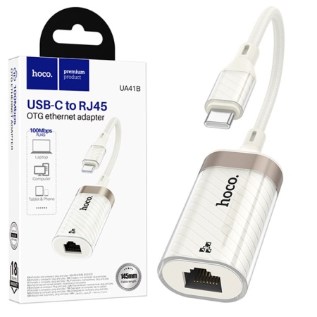 Adaptor OTG HOCO UA41B USB la Ethernet 100Mbps 15cm pentru transfer date si retea, alb