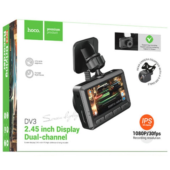 Hoco DV3 - Camera auto, video Dual Channel si LCD HD 2.45", acumulator 200mAh, cablu Back 5.5m, TF Card, Multilanguage, Negru