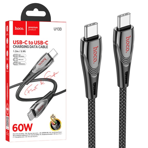 Hoco U133 - Cablu Date si Incarcare, Type-C, PD60W, QC3.0, 3A, Braided, 1.2m, Negru