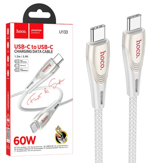 Hoco U133 - Cablu Date si Incarcare, Type-C, PD60W, QC3.0, 3A, Braided, 1.2m, Gri