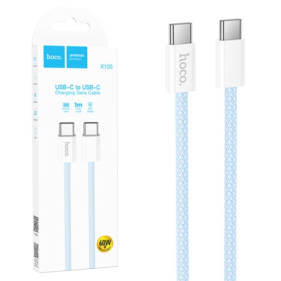 Hoco X105 - Cablu Date si Incarcare, Type-C, PD60W, QC3.0, 3A, Braided, 1m, Albastru