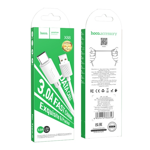Hoco X88 - Cablu Date si Incarcare, USB-A la USB-C, 18W, 2.4A, 1m, Alb