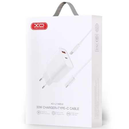 Incarcator retea + cablu Type-C XO L116 cu 1xType-C + 1xUSB-A 30W, Quick Charge 3.0 & PD, alb