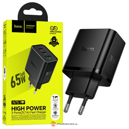 Incarcator retea HOCO N75, GaN, PD 65W, 2x USB-C, 1x USB, QC3.0, BLISTER, BLACK