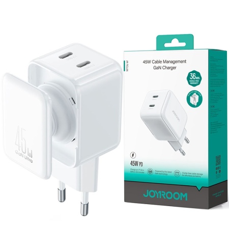 Incarcator retea Joyroom JR-TCL05 cu cablu 2x USB-C, 1m – GaN, PD 45W, cable deposit, alb