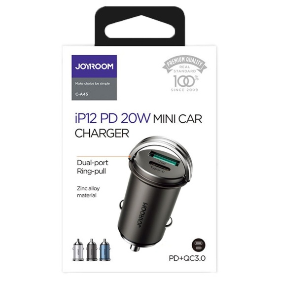 Joyroom C-A45 - Incarcator Auto, Mini, 20W, 1xUSB-C, 1xUSB-A, PD, QC 3.0, Ring-Pull, Negru