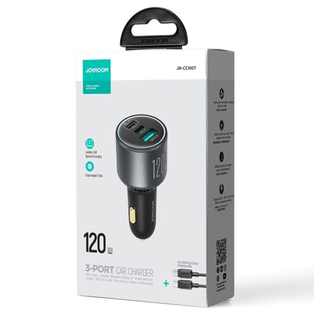 Joyroom JR-CCN07 - Incarcator Auto 120W + Cablu USB-C, 2xUSB-C, 1xUSB-A, FastCharge, Gray
