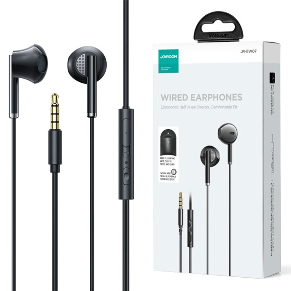 Joyroom JR-EW07 - Casti cu Fir, In Ear, 3.5mm, 1.2m, Mic & Volume Key, HiFi + Husa, Negru