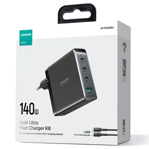 Joyroom JR-TCG05EU - Incarcator Retea + Cablu Type-C, Gan, 140W, 5V, 3xType-C, 1xUSB-A, PD, QC 3.0, Negru