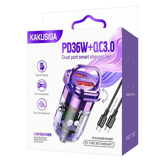 Kaku KSC-1193 - Incarcator Auto + Cablu Type-C, 1m, PD36W, 1xType-C, 1xUSB-A, Violet