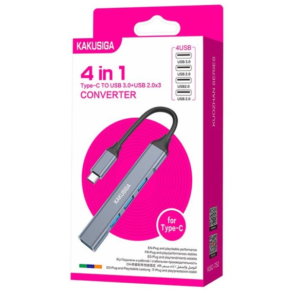 Kaku KSC-752 - Hub USB-A, Multiport, USB-C la USB-A-A 3.0, 3 x USB-A-A 2.0, 4 in 1, Gri