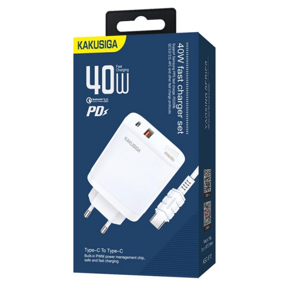 Kaku KSC-813 - Incarcator Retea + Cablu USB-C, 40W, 2.4A, 1xUSB-C, 1xUSB-A-A, PD, QC 3.0, Alb