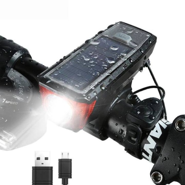 Lanterna pentru bicicleta / trotineta, Claxon detasabil pentru , Multifunctional, Functie incarcare telefon, Negru