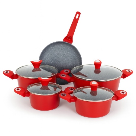 Set oale gatit ZILAN 9 piese, aluminiu interior granit baza 3 straturi, capace sticla, ZLN-3260, rosu