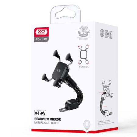 XO C119 – Suport Moto/Bike cu cleme laterale pentru oglinda MultiAngle cu brat flexibil, negru